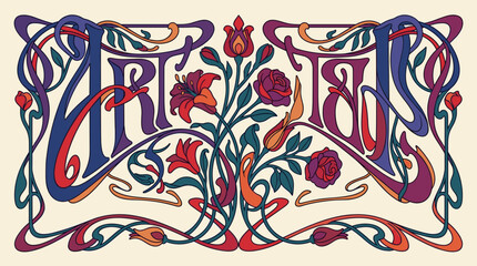 Obraz premium Art Nouveau inspired lettering with floral elements, ornate curves, and rich colors on a cream background