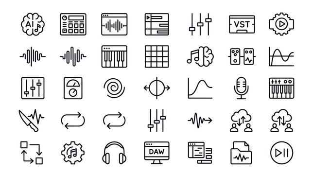 Set of music production and audio engineering line icons