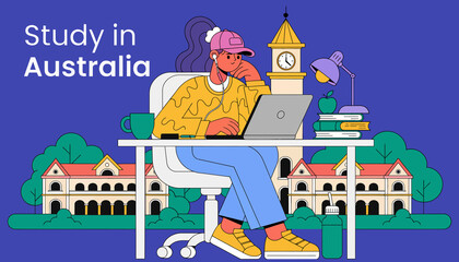 Naklejka premium Young student studying on laptop in front of Australian university building, educational concept, digital learning