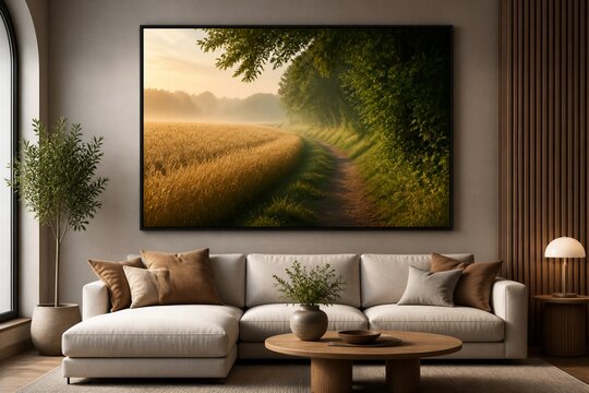Living room displaying countryside pathway canvas above sofa