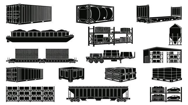 Logistics and Supply Chain: Transportation, Shipping, and Warehouse Cargo Elements Black and White Silhouette Glyph Set