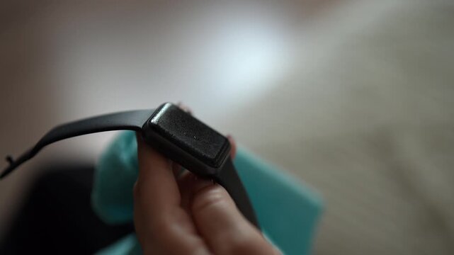 Female hands gently wiping modern smartwatch screen with soft turquoise microfiber cloth, removing dust and fingerprints for proper device maintenance and hygiene. Concept of maintenance accessory.