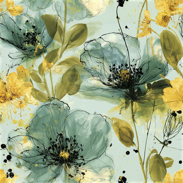 Translucent blue and yellow floral pattern with delicate leaves and black details creating modern and elegant seamless design