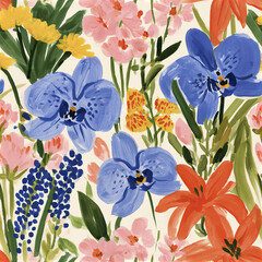 Fototapeta premium Floral pattern with blue orchid, orange lily, pink and yellow flowers, green leaves, colorful garden painting