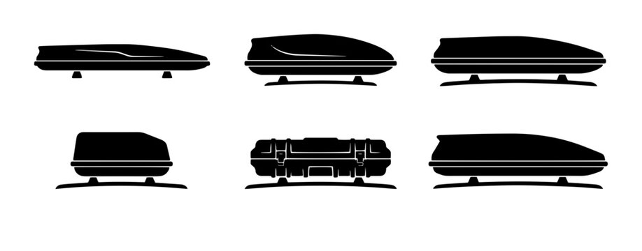 70 Black roof cargo boxes, car top carriers, travel luggage storage solutions, vehicle accessory set, isolated vector illustrations 100