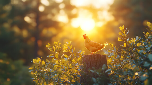 Beautiful golden sunset sun rays shining through forest trees background
