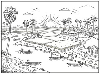 Fototapeta premium Vector illustration of a traditional rural village landscape at sunrise with palm trees and water daily life line art landscape cottages traditional lifestyle tranquil peaceful community