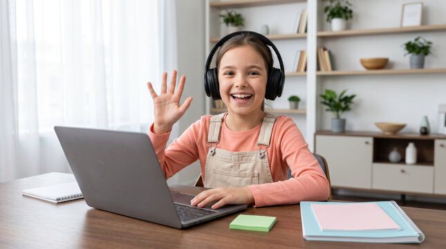 Online learning student child laptop headphone home classroom happy wave. happy children student. school classroom education learning study, welcome new start beginning