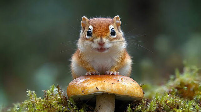 Cute small chipmunk squirrel sitting on brown mushroom in moss