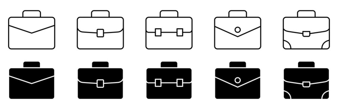 Briefcase and business portfolio outline icons for work, career, office, finance, employment, business services, websites, apps, and professional design.