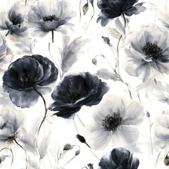 Fototapeta premium Monochrome watercolor floral pattern with large delicate flowers and soft leaves creating elegant and calming design