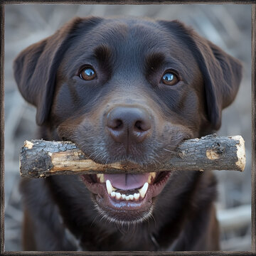 Happy black labrador retriever dog holding wooden stick in mouth