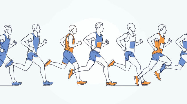 Joggers in blue and orange athletic gear run in a continuous sequence.