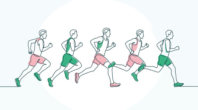 Joggers in green and pink sportswear run in a sequence against a clean white background.