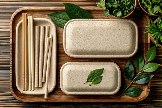 Top-down flat lay of eco tableware on wood with greenery. Warm tones and soft light create a sustainable vibe, perfect for green marketing campaigns. Includes clean negative space.