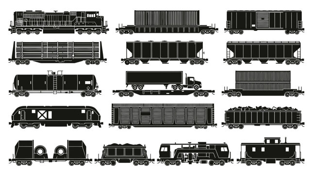 Black and White Silhouette of Various Train Cars and Locomotives