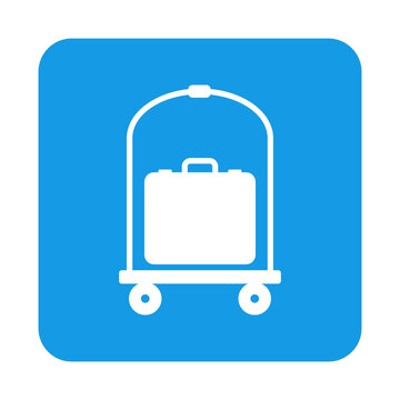 Logo luggage cart. Icono con dibujo sencillo con la silueta de una maleta en un carrito para equipaje en hotel en un cuadrado de color azul. Archivo PNG con transparencia