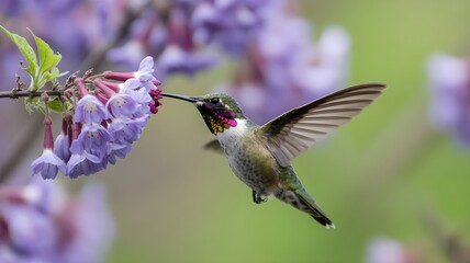 Fototapeta premium Hummingbird hovering while drinking nectar from purple blossoms, showcasing detailed feathers against a vibrant spring garden background with natural light and vivid colors