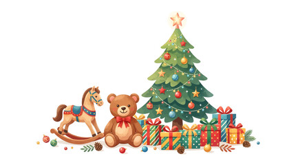 Fototapeta premium Whimsical Christmas Scene with Teddy Bear, Rocking Horse, and Decorated Tree