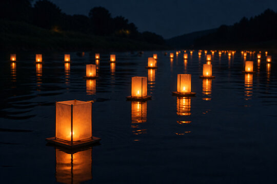Floating paper lanterns on river with warm water reflection at night