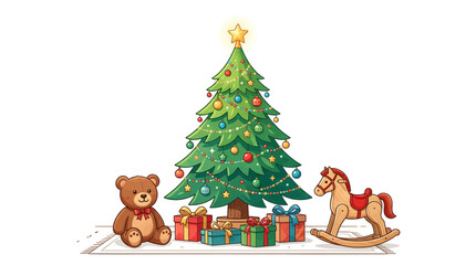 Fototapeta premium Whimsical Christmas Scene with Teddy Bear, Rocking Horse, and Decorated Tree