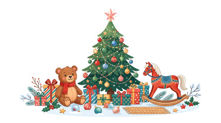 Fototapeta premium Whimsical Christmas Scene with Teddy Bear, Horse Toy, and Decorated Tree