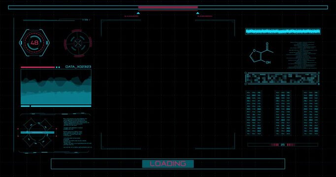 Futuristic digital interface displays a loading process with graphs, data panels and a chemical structure visualization.