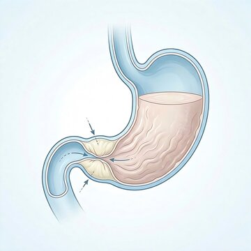 stomach illustrating pyloric stenosis.  pyloric sphincter is visibly narrowed and thickened, restricting the passage of food to the duodenum.  stenosis appears slightly enlarged due to retentio