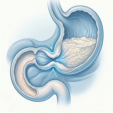 stomach illustrating pyloric stenosis.  pyloric sphincter is visibly narrowed and thickened, restricting the passage of food to the duodenum.  stenosis appears slightly enlarged due to retentio