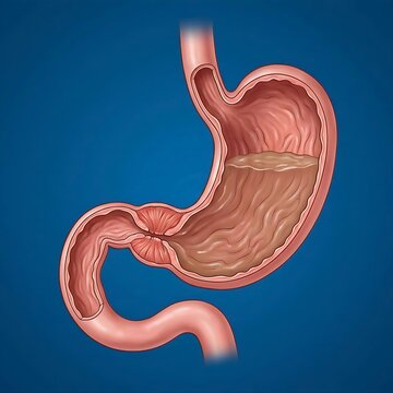 stomach illustrating pyloric stenosis. The pyloric sphincter is visibly narrowed and thickened, restricting the passage of food to the duodenum. The stomach body above the stenosis appears slightly en