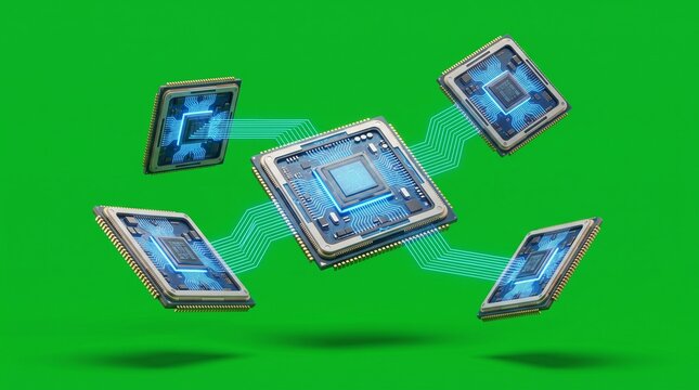 Floating AI processor chips connected by digital data streams on green background