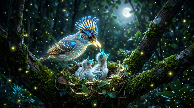 Magical Bioluminescent Bird Feeding its Chicks in a Mossy Nest Under a Full Moon