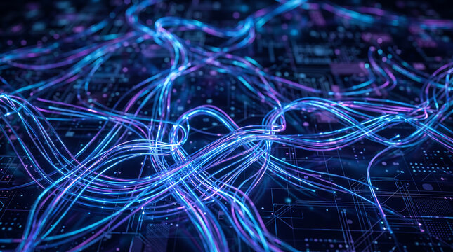 Futuristic digital network with glowing blue and purple fiber optic cables representing high-speed data transmission