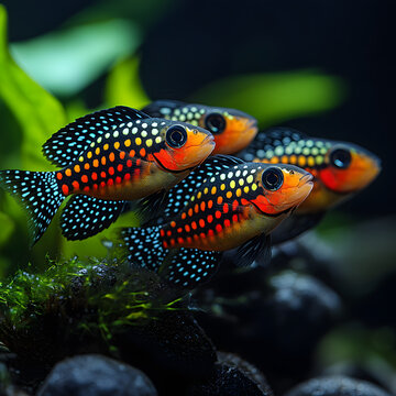 Two small colorful tropical fish swimming among green plants underwater