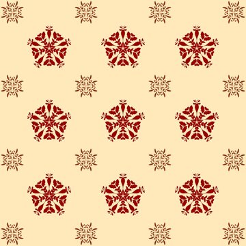 Red floral damask seamless pattern background. Elegant vintage flower ornament on beige backdrop for textile, fabric, and wallpaper design.