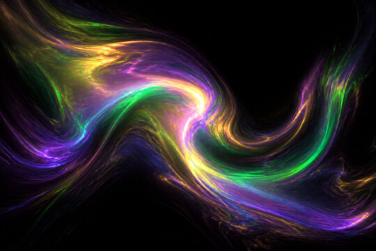 Abstract digital art background with flowing waves of vibrant purple, green, and gold light, creating a dynamic and ethereal cosmic nebula effect