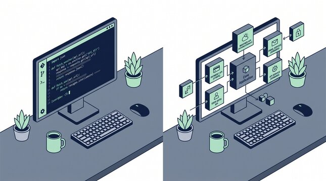 Isometric illustration of a developer's desk with a computer displaying code and a connected network of cloud services, modern technology concept for software development and IT solutions