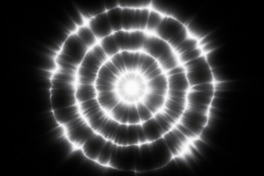 Abstract glowing light effect with concentric circular waves and radiant energy beams isolated on black background