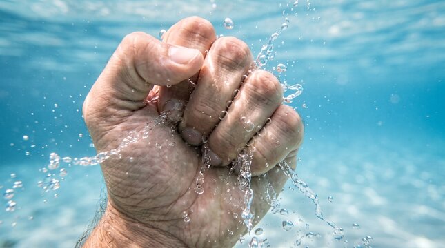 Hand Submerged Clear Water Fingers Clenched Fist Trying Hold Liquid Jetting Between Tiny Streams Bubbles Macro Impossible Grasp