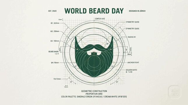 World Beard Day concept, green graphic illustration, men facial hair beard moustache, barbershop buzz logo, modern retro hipster design for magazine layout