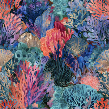 Seamless pattern featuring tightly arranged coral fragments with vibrant colors and intricate underwater textures creating