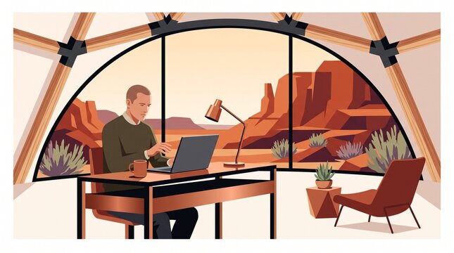 Modern geodesic dome office with man working on laptop, desert landscape view, minimalist flat illustration, remote work concept