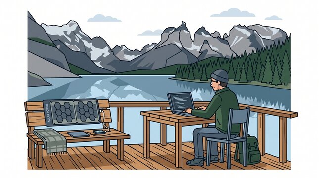 Outdoor remote work illustration, man coding on laptop at wooden table on a deck overlooking a serene mountain lake, digital nomad lifestyle, flat vector art