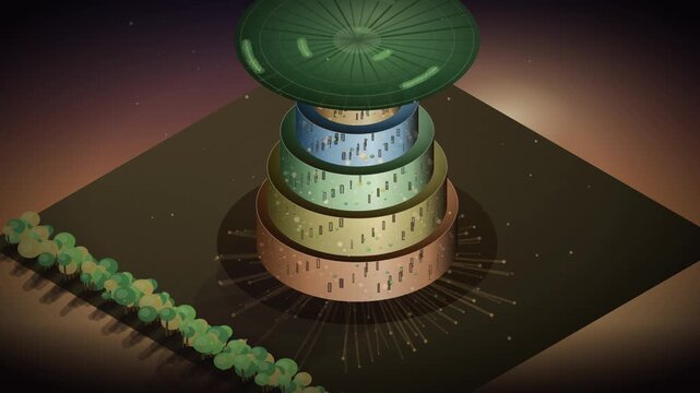 Isometric Animated Graphic Depicting An Environmental Living Building Based On Biomimicry Principles