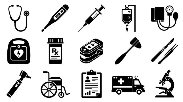 Medical Icons Set - Black and White Health Symbols for Healthcare  Science
