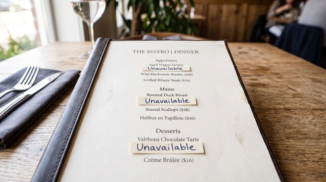 Restaurant menu with unavailable items sitting on wooden table