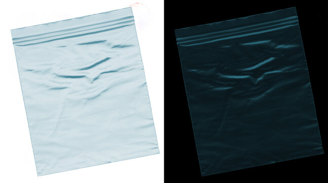 Transparent plastic zipper bag texture, clear polyethylene pouch on white and black background, wrinkled poly bag mockup