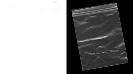 Transparent plastic ziplock bag on black background. Empty polyethylene baggie with zip lock seal. Clear poly bag for packaging. © MdNadim