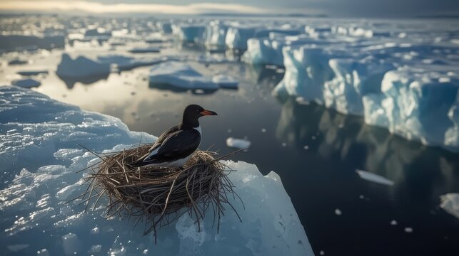 A thick-billed murre nesting on a precarious icy ledge overlooking the dark arctic sea. Generative AI