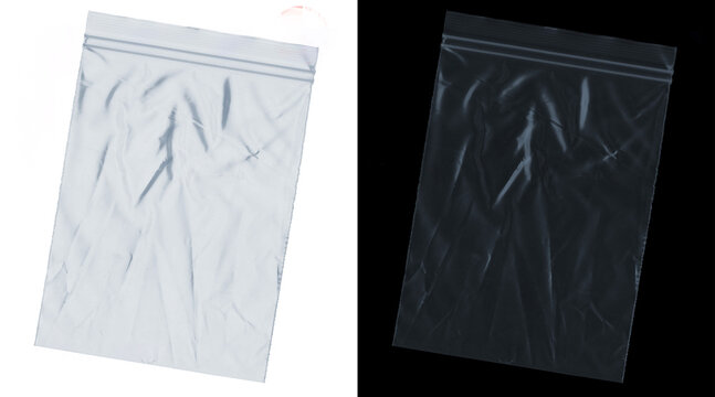 Transparent plastic zip bag mockup, clear polyethylene pouch on white and black background, empty resealable storage bag for product packaging
